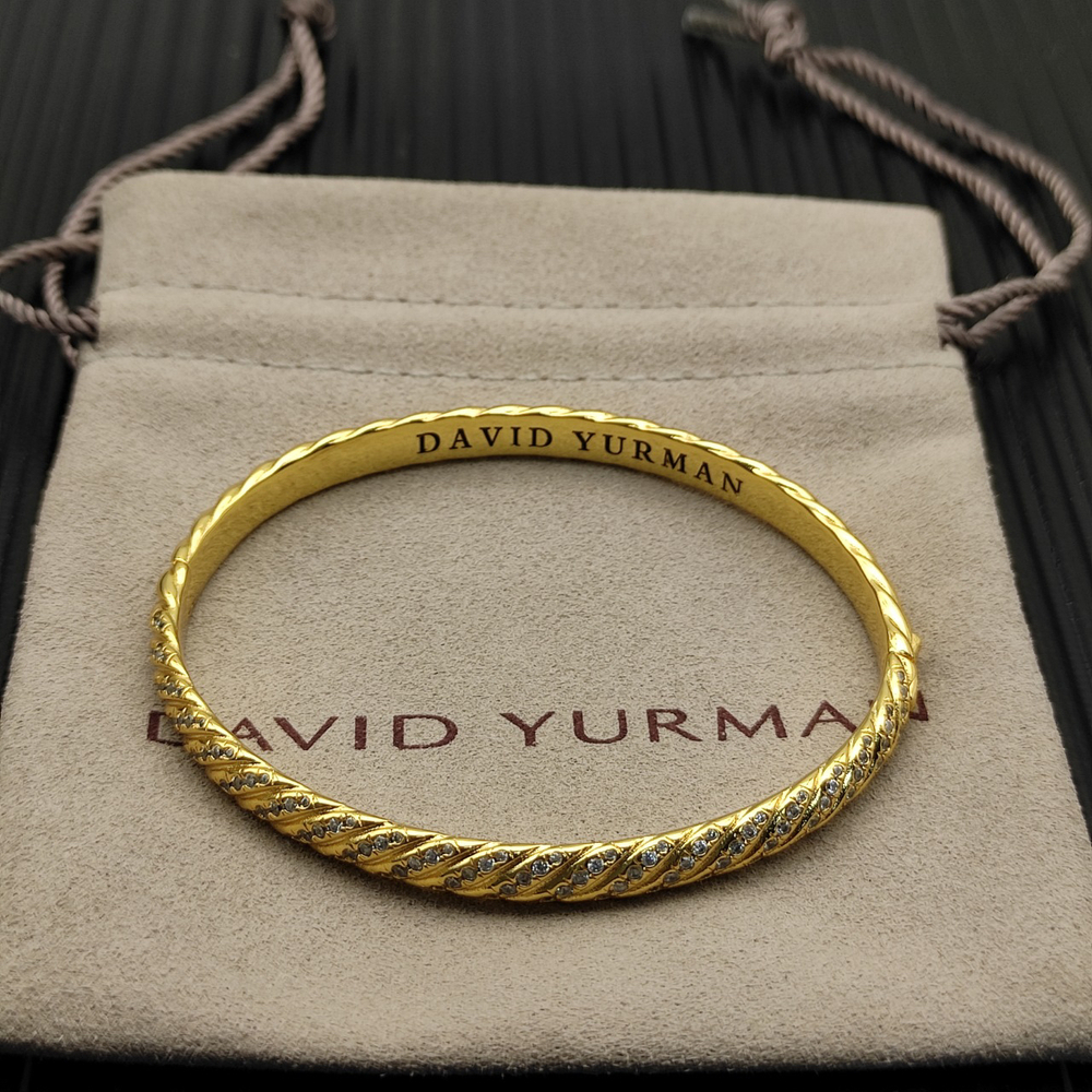 David Yurman Gold Diamond-Studded 6.2mm Engraved Wave Bracelet